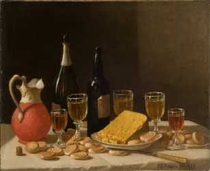Bodegón con botellas, vino y queso 1857 (Óleo sobre lienzo)