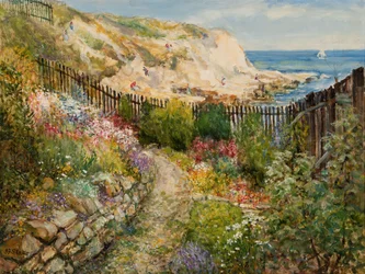 Un jardín de Cullercoats con vistas al mar (óleo sobre tabla)