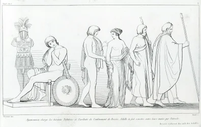Agamenón encargó a los heraldos Taltibio y Euribates el secuestro de Briseida; Aquiles la entregó en sus manos por Patroclo. Dibujo de John Flaxman (1755 - 1826). La Ilíada de Homero. Canto I.