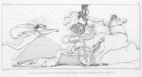 Apolo, dios del Sol, para preservar el cuerpo de Héctor lo cubre completamente con su égida dorada. Canto XXIV. Dibujo de John Flaxman (1755 - 1826). La Ilíada de Homero