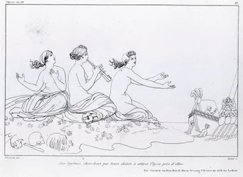 Las sirenas buscan con su canto atraer a Ulises. La Odisea de Homero. Canto XII.