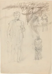 Hoja de estudios, incluyendo guerrero con niño (anverso y reverso)