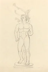 Estatua de un desnudo masculino frente a un árbol