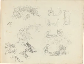Estudios de gallo cantando y figuras reclinadas [recto y verso]