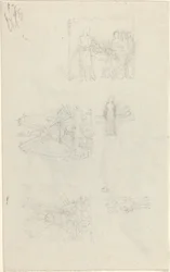 Estudios de un lecho de enfermo y decoraciones para la fachada del Palacio de Buckingham (recto y verso)