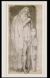 El ciego Tiresias y un niño (pluma y tinta y aguada sobre lápiz sobre papel)
