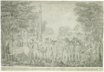 La rendición británica de sus armas al General Washington después de su derrota en Yorktown, Virginia, octubre de 1781