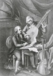 Retrato de Franz Joseph Haydn (1732-1809) y Wolfgang Amadeus Mozart (1756-91) componiendo música para el laúd, grabado por Michele Benedetti (1745-1810)