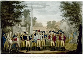 La rendición británica de sus armas al General Washington después de su derrota en Yorktown, Virginia, octubre de 1781