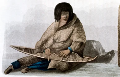 Niña india de cobre reparando raqueta de nieve, 1823