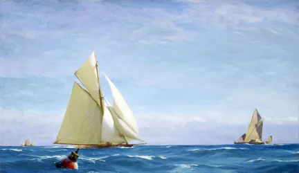 Un gran velero y una barcaza en el Támesis, frente a la costa de un puerto. Óleo sobre lienzo, hacia 1910, de John Fraser (1858-1927).