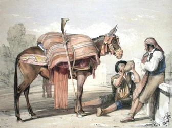 Campesinos itinerantes con una mula, Andalucía