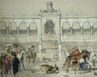 Corrida de toros en Sevilla: Retirando el toro muerto del ruedo, de 