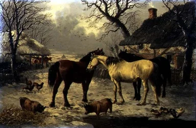 Escena de granja en invierno