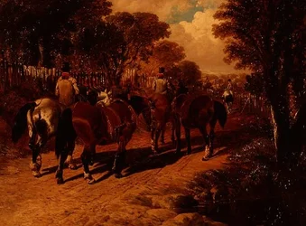 Caballos de carruaje y mozos en un camino