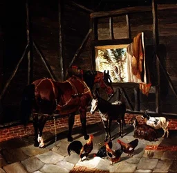 Interior de establo con caballo de carro y burro