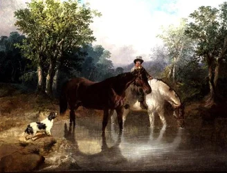 Dos caballos, un hombre y un perro junto a un arroyo
