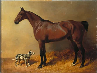 Un cazador de bahía y un perro manchado en un interior de establo, 1846