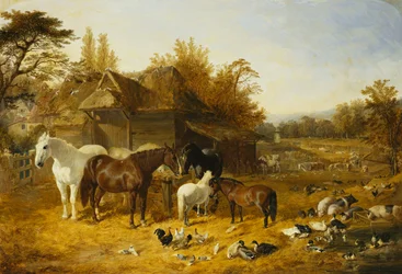Un corral con caballos y ponis, Berkshire, Saddlebacks, ganado Alderney Shorthorn, gallinas Bantam, ánades reales y gallinas de Guinea, con una mansión de campo junto a un río en la distancia, 1853