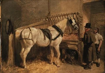 Un caballo de cabina de St. Giles en un establo con mozos