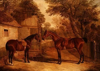 Cazadores de bahía fuera de una casa de campo