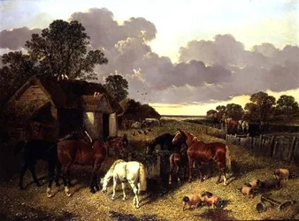 Caballos, cerdos, aves de corral, patos y ganado en un corral