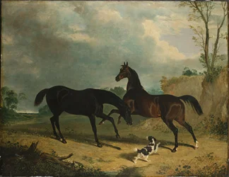 Cazadores y un spaniel en un paisaje boscoso, 1835