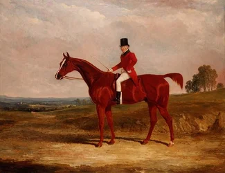 Sir Hugh Hamilton Mortimer, maestro de los Old Surrey Foxhounds, en un cazador castaño en un paisaje extenso