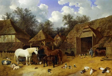 El corral del artista en Meopham, Kent, con caballos, ponis Shetland, cerdos, patos, palomas y gallinas, 1857