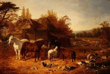 El corral con caballos, ponis, cerdos Berkshire, ganado Alderney Shorthorn y aves de corral