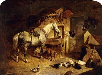 El interior de un establo con un caballo tordo ruano enjaezado, patos, cabras y un gallo junto a un pesebre, 1843