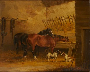 Caballos y perros en el interior de un establo (óleo sobre lienzo)