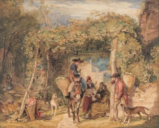 Figuras y animales en un viñedo