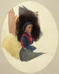 Boceto de mujer sentada con traje de campesina