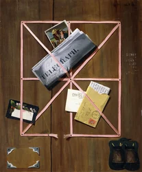 Cuadro de estante con telégrafo, carta y postales, 1880