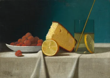 Naturaleza Muerta con Pastel, Limón, Fresas y Vaso