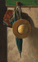 Sombrero de paja, bolsa y paraguas, 1890-principios de 1900