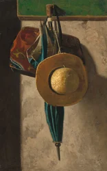 Sombrero de paja, bolsa y paraguas