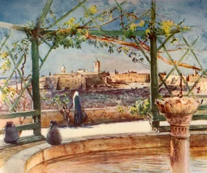 Iglesia de la Natividad en Belén desde un jardín en la colina opuesta, 1902