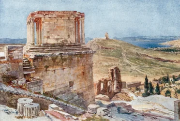 El bastión y el templo de la Victoria sin alas vistos desde el ascenso a la Propilea