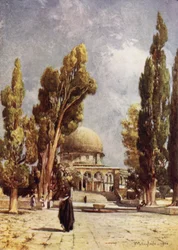 La Cúpula de la Roca (Mezquita de Omar) vista desde el pórtico en el lado norte de la Mezquita de El Aksa