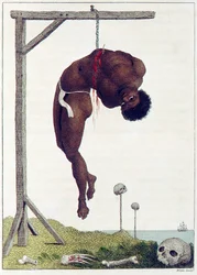 Una persona negra colgada viva por las costillas en una horca, pub. 1796