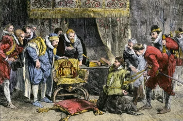 Guy Fawkes ante el rey Jacobo I de Inglaterra tras la Conspiración de la Pólvora del 5 de noviembre de 1605. Siglo XIX (grabado)