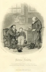 Nicholas Nickleby: Wackford Squeers y el joven Wackford Squeers, grabado por H.B. Hall und Sons, 1867