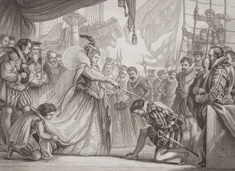 La reina Isabel I (1530-1603) nombrando caballero a Francis Drake (1540-96) de 