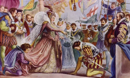 La reina Isabel I nombrando caballero a Sir Francis Drake a bordo de su barco, el Golden Hind, Deptford, 1581