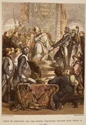 Simón de Montfort y los barones exigiendo reformas a Enrique III, 1258, grabado por Thomas Bolton