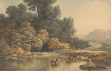 Paisaje montañoso con río y ganado