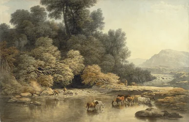 Paisaje montañoso con río y ganado, c.1810