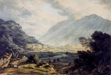Cerca de Capel Currig, con una vista del Monte Snowdon, Gales, alrededor de 1793-1830 (Acuarela)